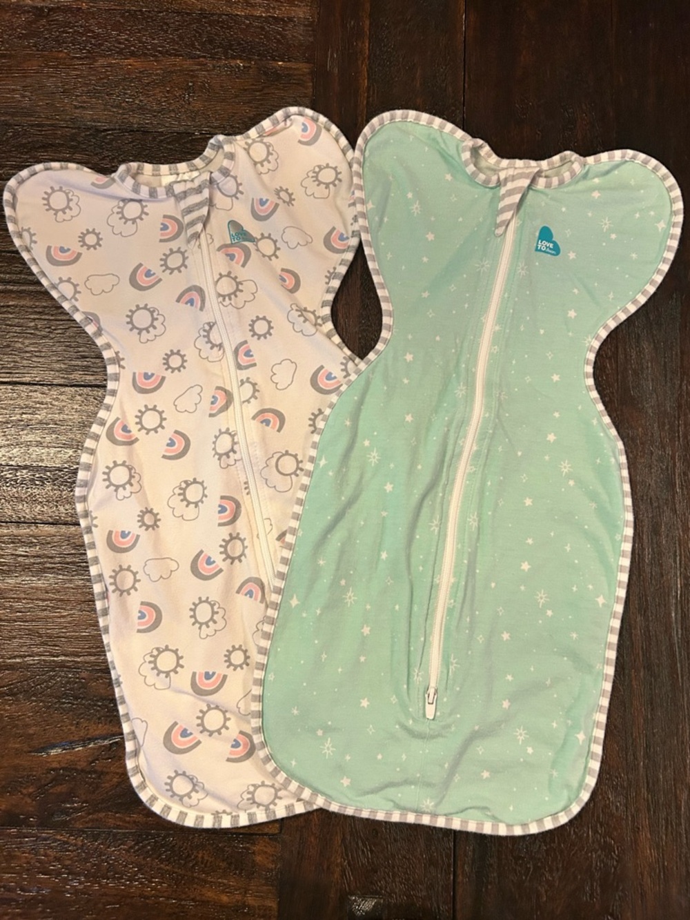 Love to Dream Swaddle Up Sleep Sacks Mint Stars and Pastel Rainbow Print Set- NB